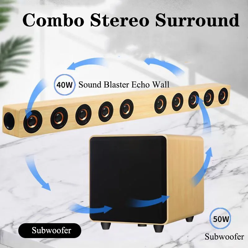 

TV Sound Blaster Echo Wall Bluetooth Speaker 40W Home Theater Soundbar HiFi Stereo 10 Speakers Soundbox Wooden Audio Subwoofer