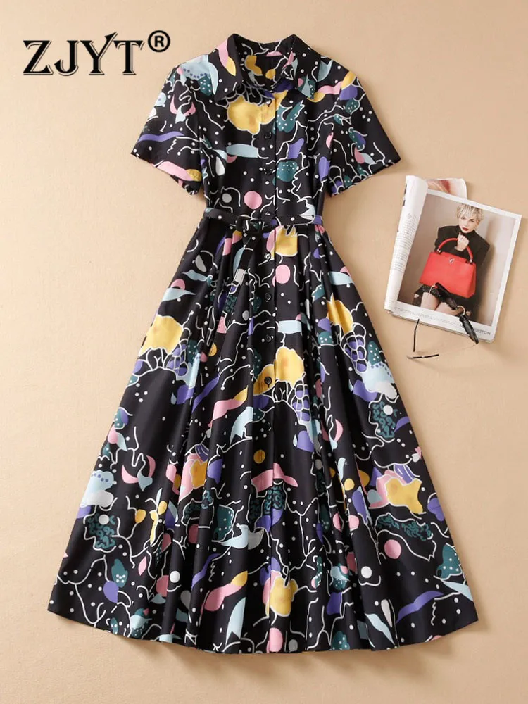 

ZJYT Fashion Women Runway Print Vintage Shirt Dress Summer 2022 New Short Sleeve Single Breasted Casual Vestidos Turn Down Neck