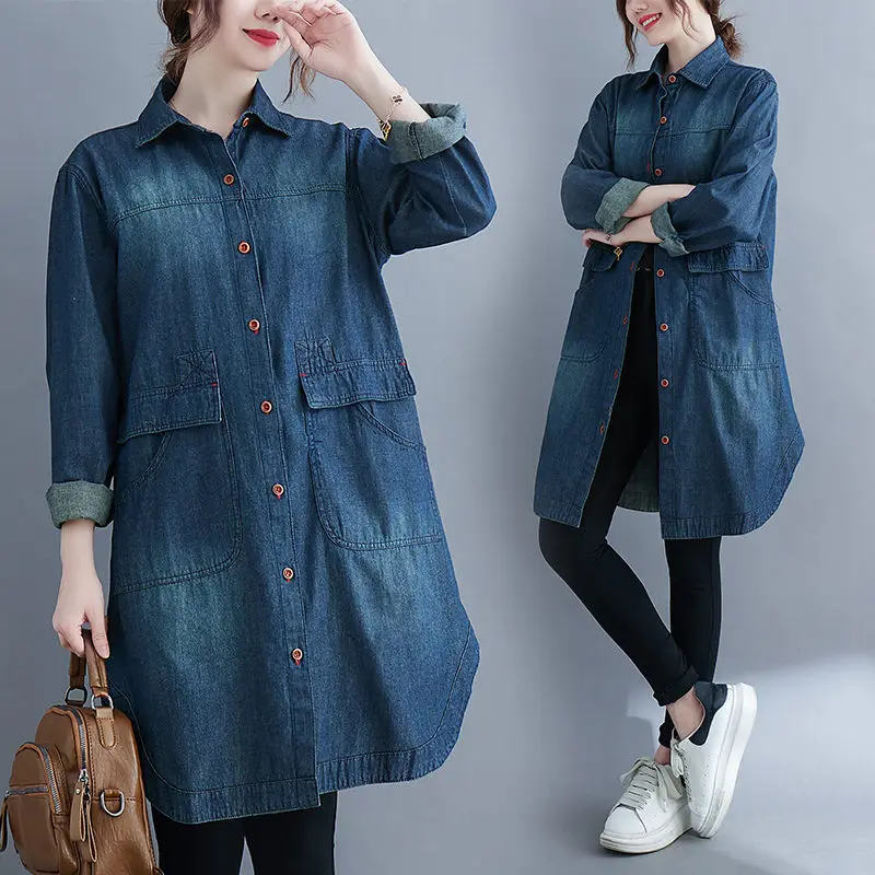 

Large Size Women's Denim Shirts Vintage Jacket 2022 Autumn Spring New Fashion Loose Mid-Length Coat Single Breasted Tops T027