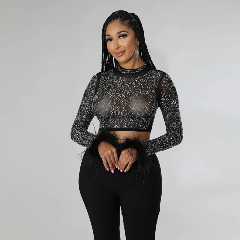 

Rhinestone Mesh Sexy Blouse Women Summer Fashion Feather Patchwork Sheer Mesh Long Sleece Tops Club Party Women Crop Tops 3XL