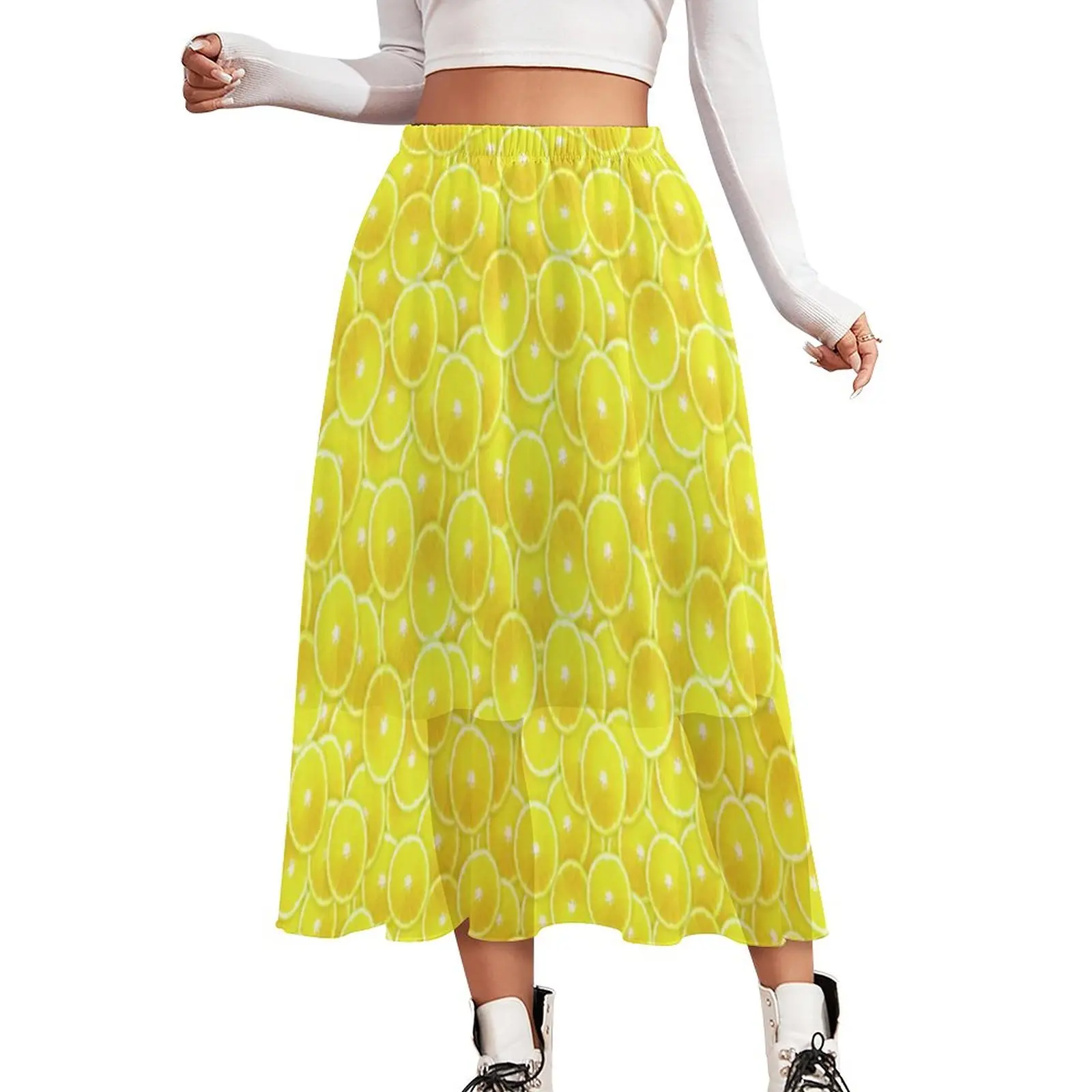 

Женская пляжная юбка в стиле бохо, повседневная юбка в стиле Харадзюку с принтом лимона и нарезками, с цифровой печатью, с эластичным поясом,...