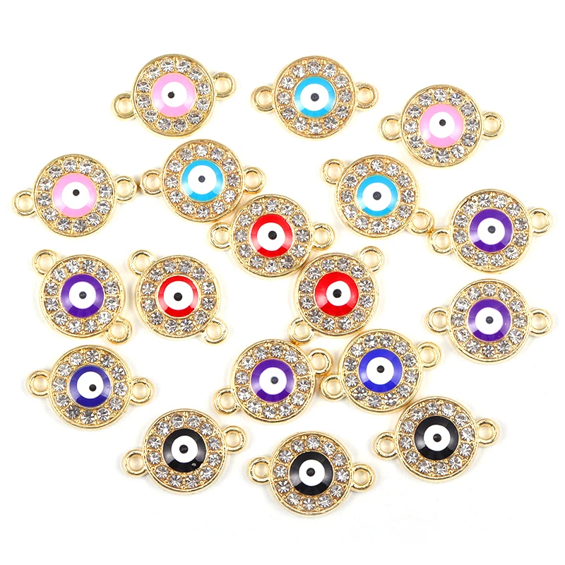 15Pcs 12*17MM Shiny Rhinestone Round With Evil Eye Charms For Women DIY Jewelry Necklace Earrings Key Chains Making Pendants