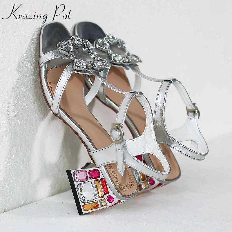 

Krazing Pot Genuine Leather Peep Toe Crystal Buckle Bling High Heels Diamond-studded Shiny Summer Gorgeous Big Size Sandals L32