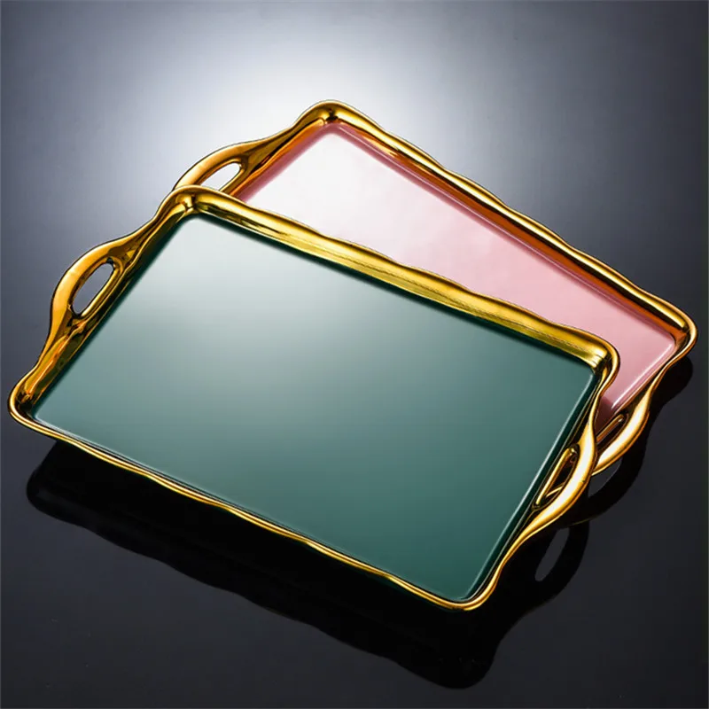 

Creamic Tea Tray Kitchen Water Cup & Kettle Dish Household Jewelry Fruit Cake Snack Porcelain Plate Green/Pink Wedding Gifts New