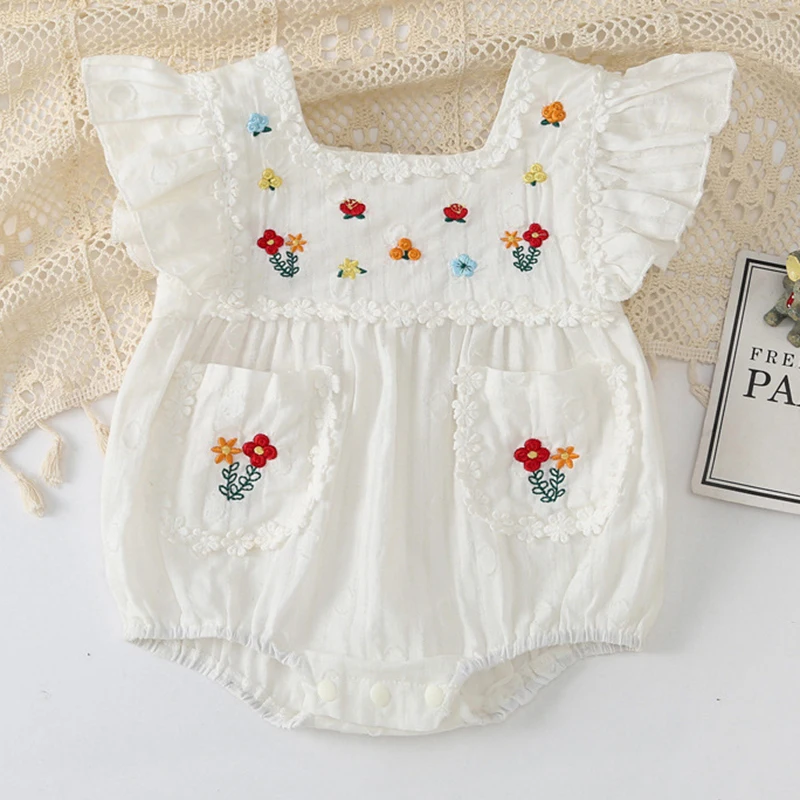 

Summer Children Clothes Newborn Baby Girls Bodysuits Flying Sleeve Cotton Flower Embroidery Infant Baby Girls Jumpsuit
