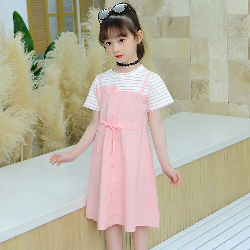 

Girls Summer 2022 Dress New Child Casual Fake Two-piece Patchwork Dress Elegant Striped Short Sleeve Princess Dress Kids Clothes