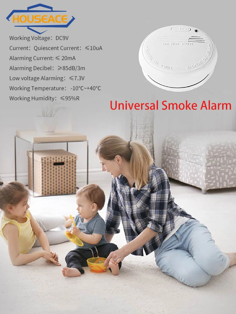 HOUSEACE Smart Wireless Security Universal Smoke Alarm Stablize Photoelectric Detector Home Use White Battery Operated KD-133A
