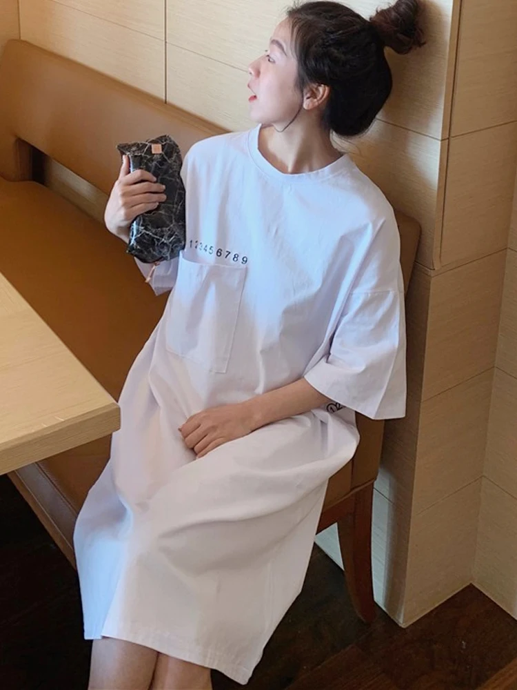 

New Summer Women oversized t-shirt dress Letter Embroidery oversized Round Neck Short Sleeve Dresses White casual Dress Vestidos