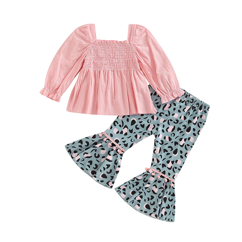 

1-5Y Toddler Sweet Girl 2Pcs Fall Outfits Long Sleeve Smocked T-Shirt + Leopard Flare Pants Set Tracksuit For Children