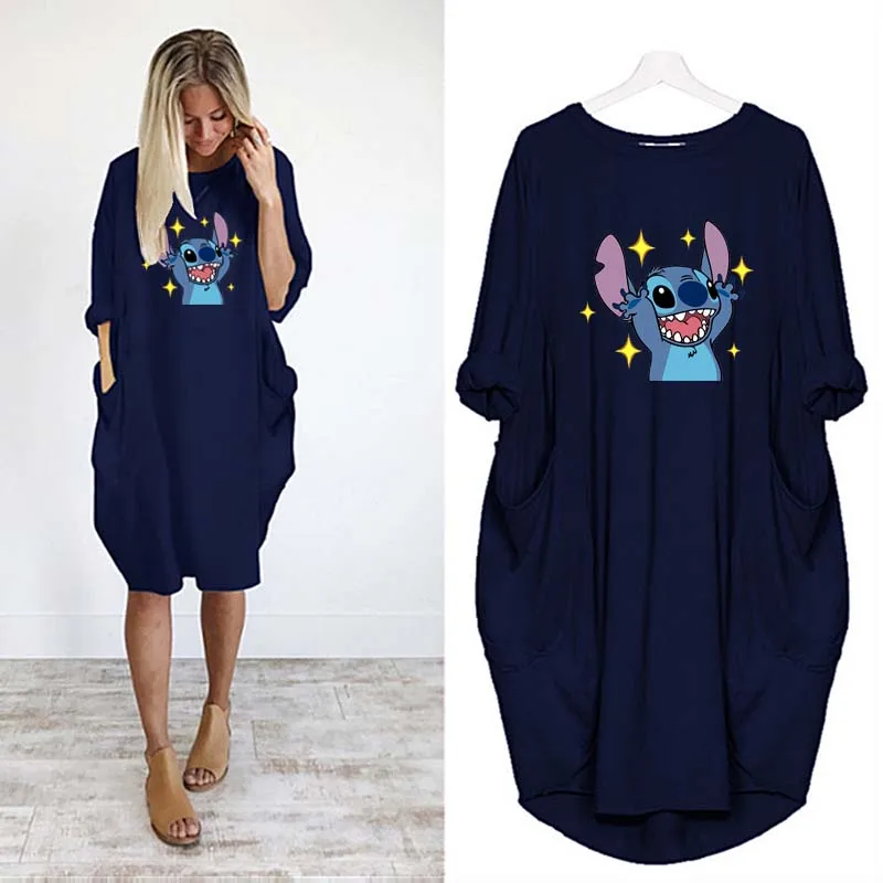 

Disney Stitch Dress Women Midi Beach Dress Kawaii Cartoon Print Robe Long Sleeve Loose Ladies Female Clothing O Neck Streetwear