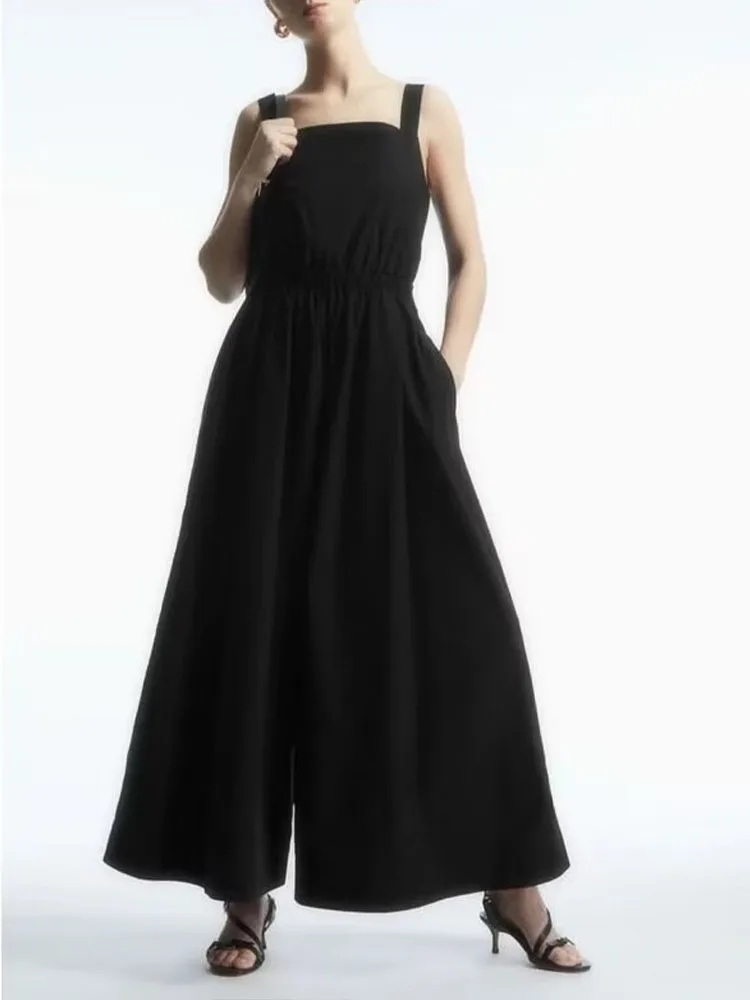 

Женский Летний комбинезон с широкими штанинами, черный повседневный комбинезон в уличном стиле с широкими лямками и бантом