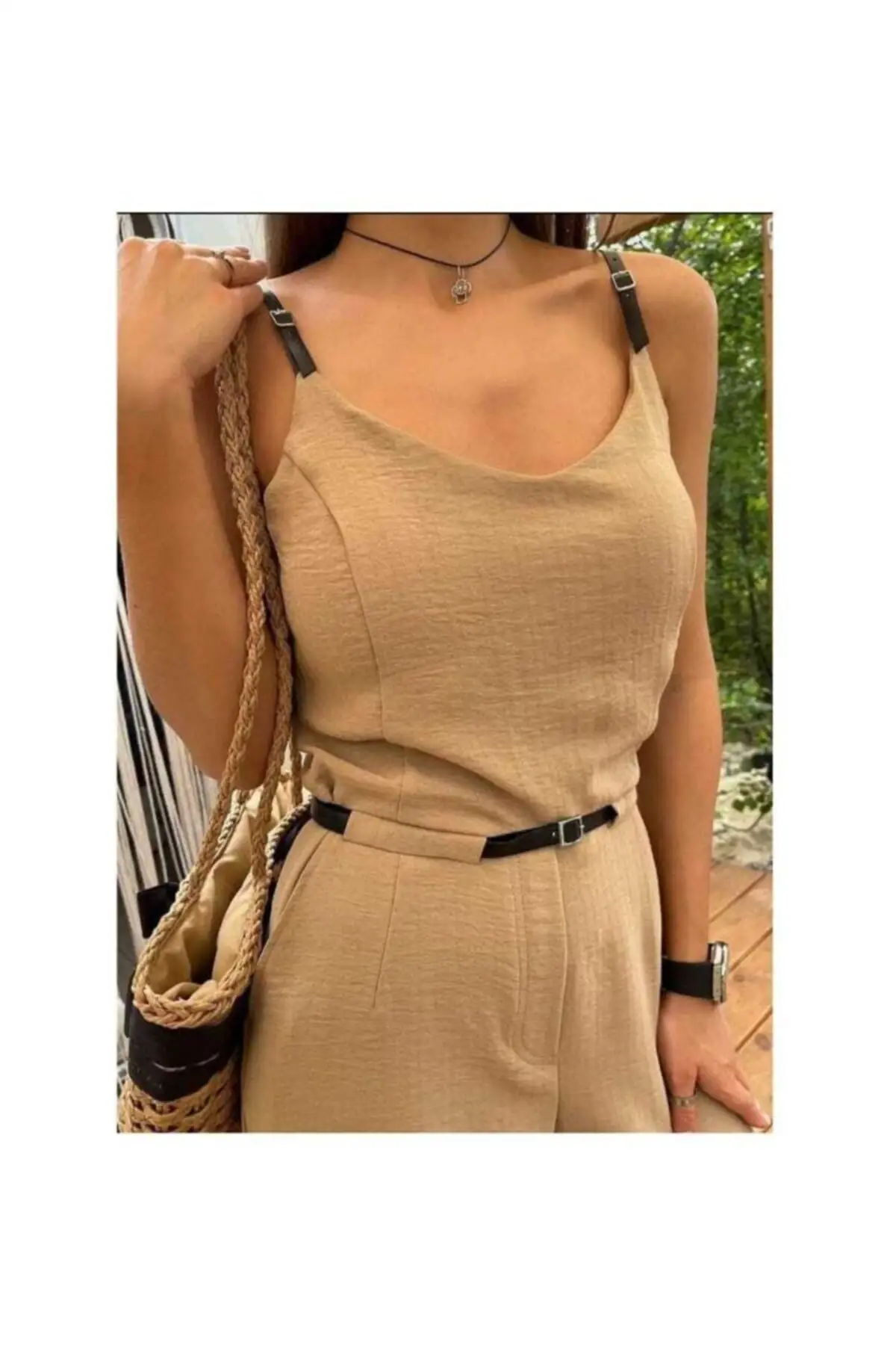 

Women's Overalls Beige Strap Belt Detailed Double Pocket Jumpsuit Hot Casual Fashion Sleeveless Baggy Trousers Overalls