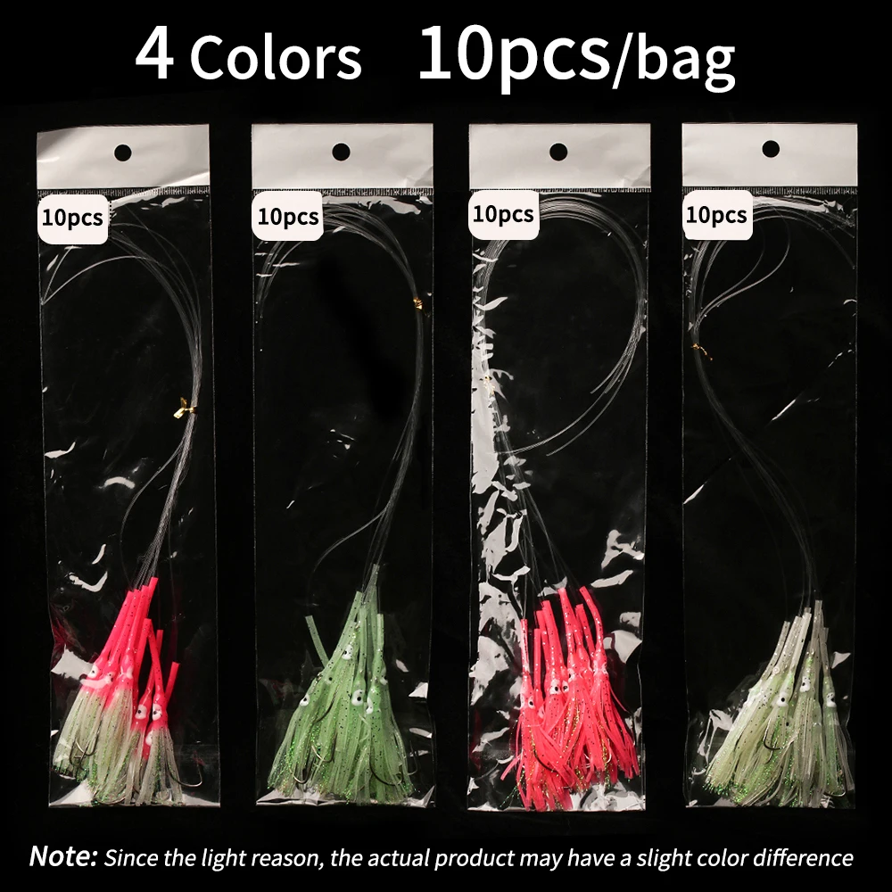 Lionriver 10pcs/bag 3/0 Hook Luminous Squid Skirts with Mono Line Anti-bite Fishing Lure for Saltwater Mackerel Herring Saury images - 6