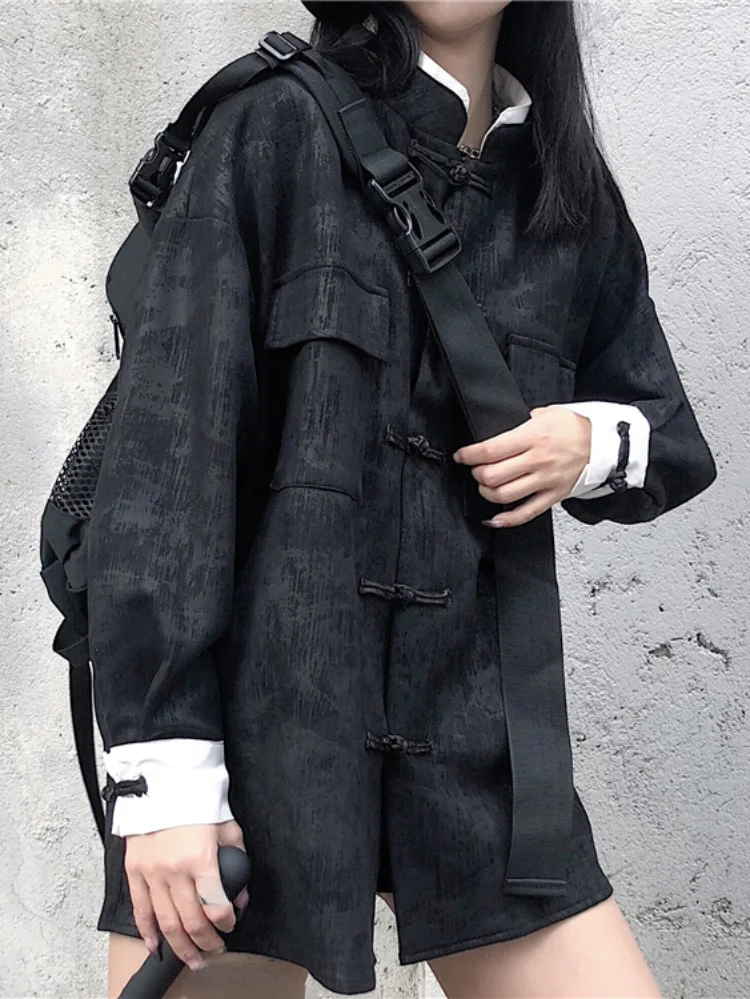 

Женский однотонный блейзер в стиле панк, черная Повседневная куртка в стиле Харадзюку, пальто на пуговицах с воротником-стойкой, Готическая уличная одежда, женская одежда на осень