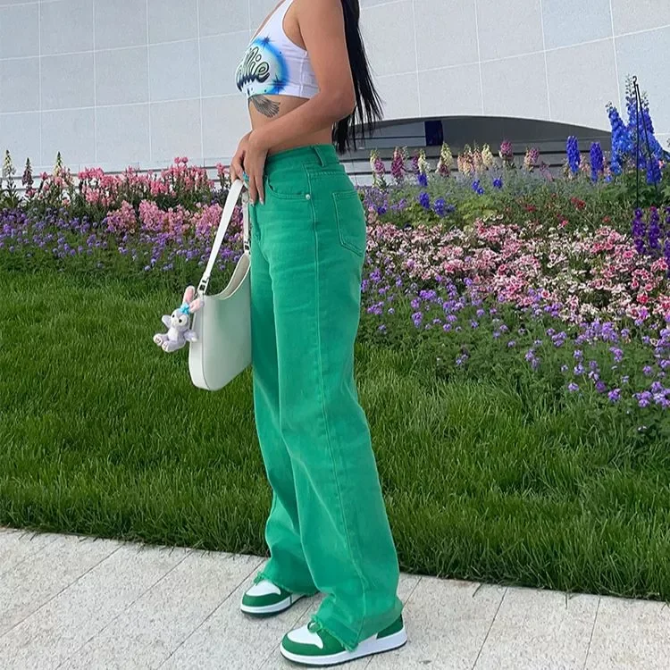 

new solid color jeans hot girl streetwear fashion clothing green jeans slim straight leg pants hip-hop jeans mom pants