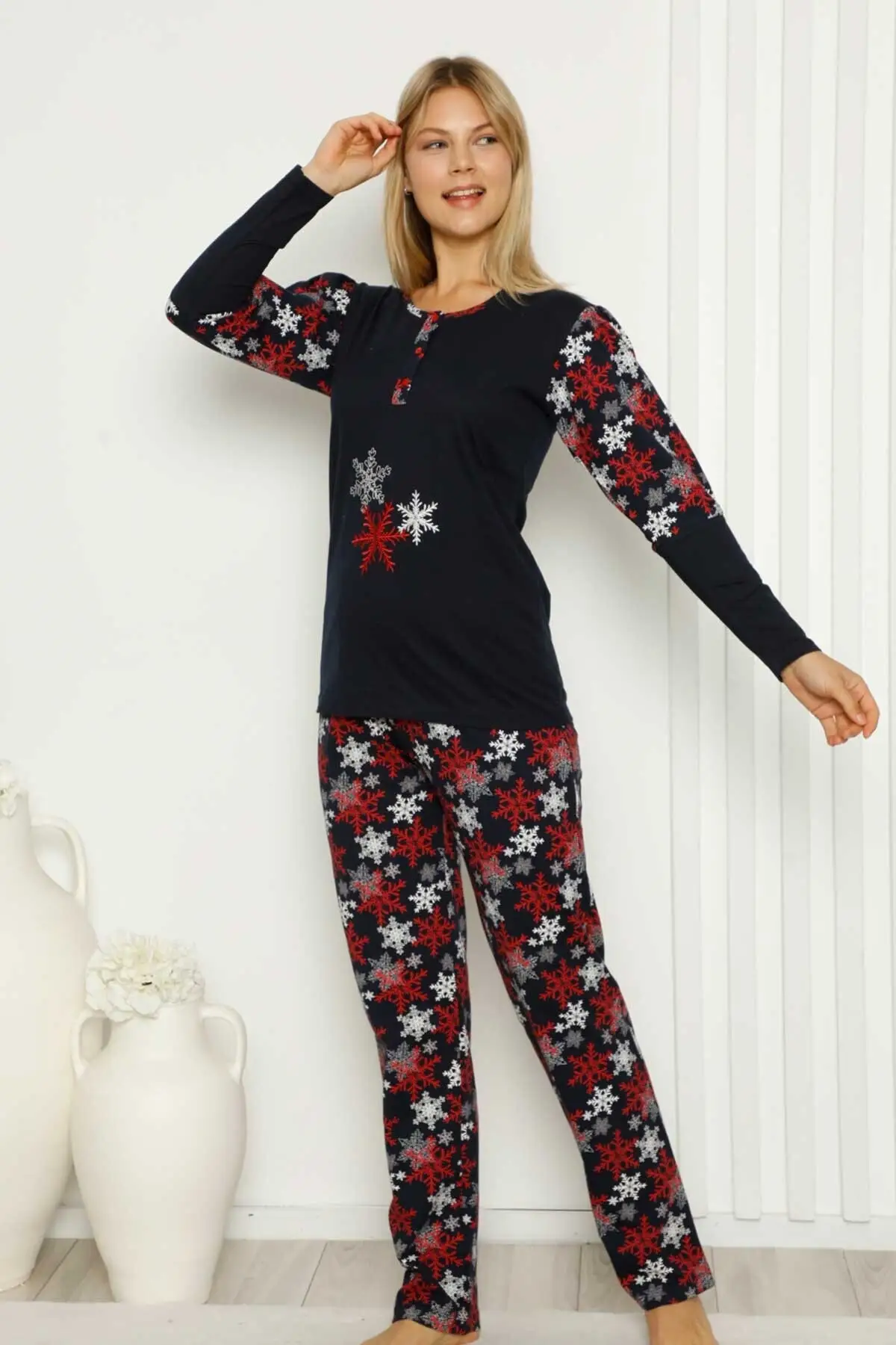

Women's Pajamas Navy Blue Snowflake Embroidery Winter Ladies 2614Uk Sleep Lounge Pajamas Nightwear Sleepwear Night Suit