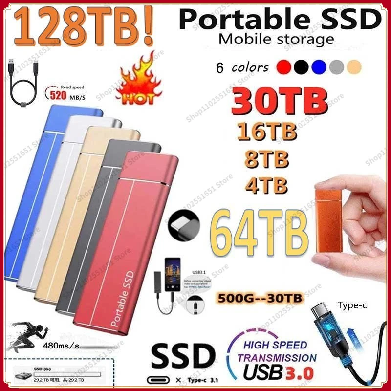 

High-speed 100% Original 128TB 16TB 8TB SSD 4TB 2TB Portable External Solid State Hard Drive USB3.0 Interface Mobile Hard Drive