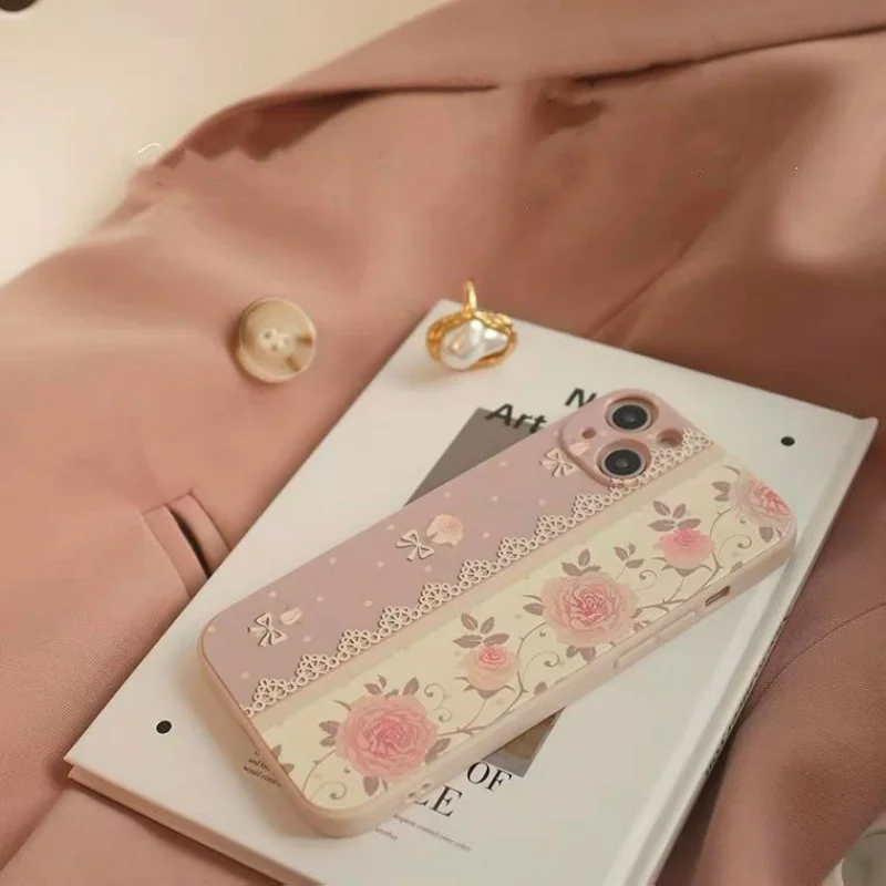 

Iphone/13/12/11pormax/Xs/Xr/78plus Mobile Phone Protective Case Silicone Soft Shell All-Inclusive French Gentle Bean Paste Rose