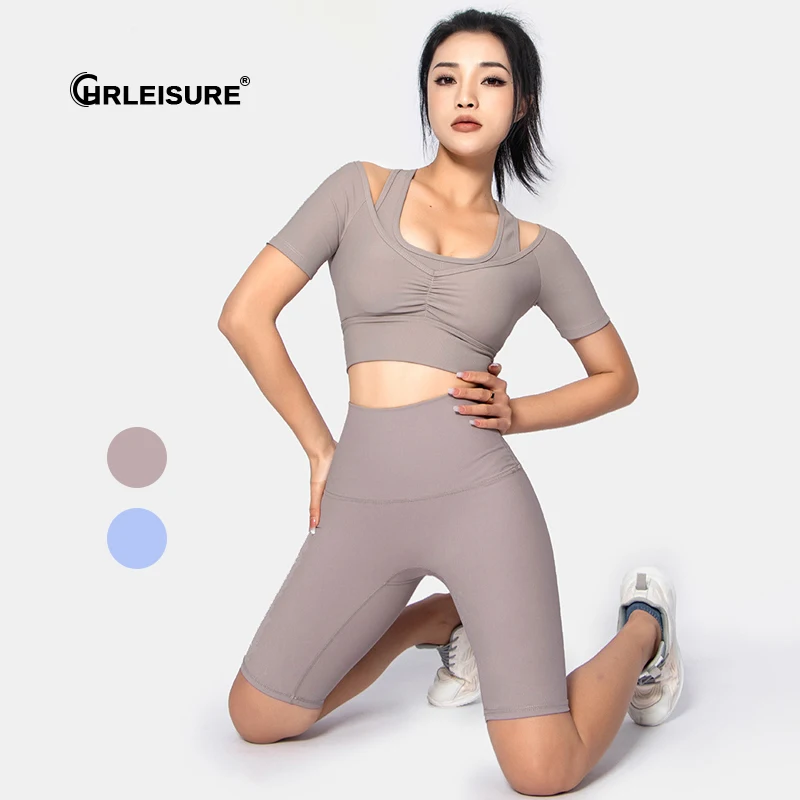 

CHRLEISURE Ribbed Yoga Set Women Gym Seamless Workout Sport Suit Crop Top High Waist Fitness Leggings High Elasticity Sportwear