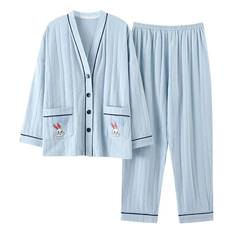M-5XL Women Cardigan Cotton Pajamas Set Long Sleeve Autumn Winter Homesuits for Girl Elegant Lady Cartoon Sleepwear Casual Pjs