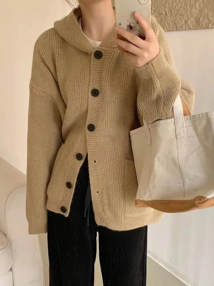 Осенне-зимний корейский свободный вязаный кардиган с капюшоном женский мягкий