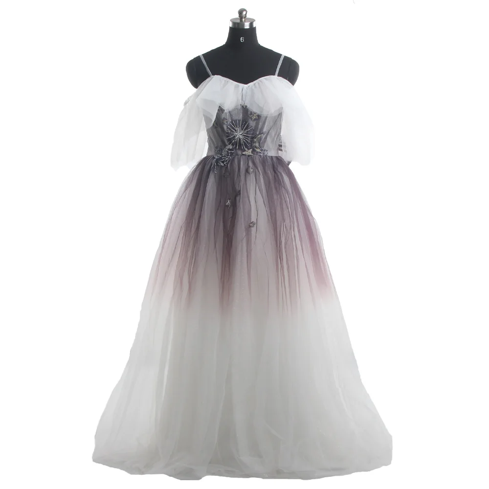 

Evening Dresses Gradient Purple Tulle Off the Shoulder Ruffles Short Sleeves Appliques A-line Pleat Plus Women Party Dress R1375