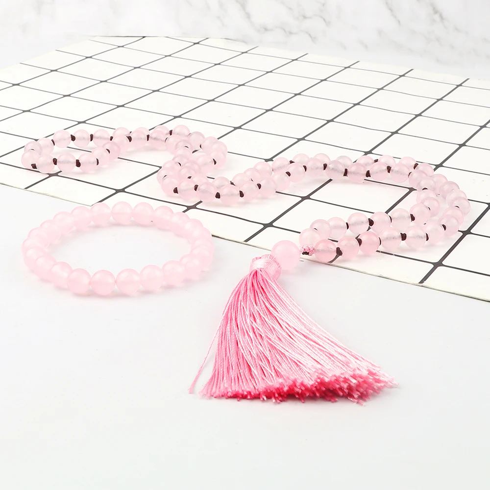 Комплект из ожерелья и браслета с розовой кисточкой 8 мм |