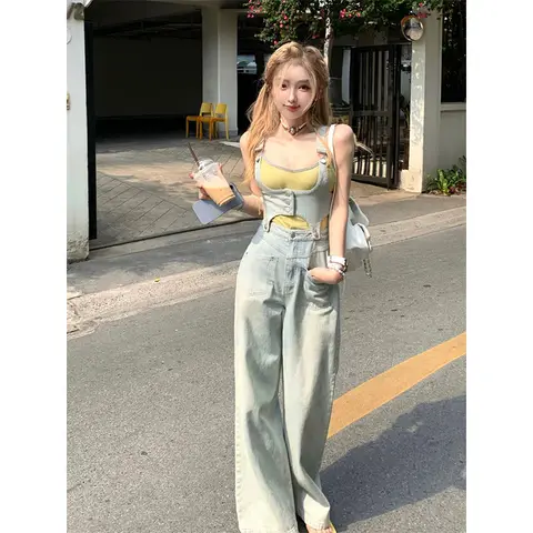 Корейский модный Джинсовый комплект с ремешком + женские джинсы 2024 Летние регулируемые слитные джинсы с разрезом прямые брюки с высокой талией