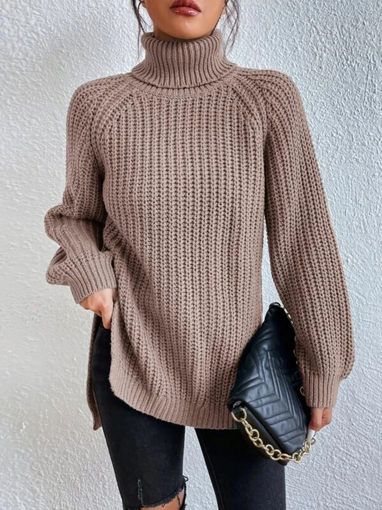 

Turtleneck Split Women's Sweater Dress Loose Casual Long Sleeve Pullover Ladies Sweaters Autumn Winter 2023 New Solid Dresses