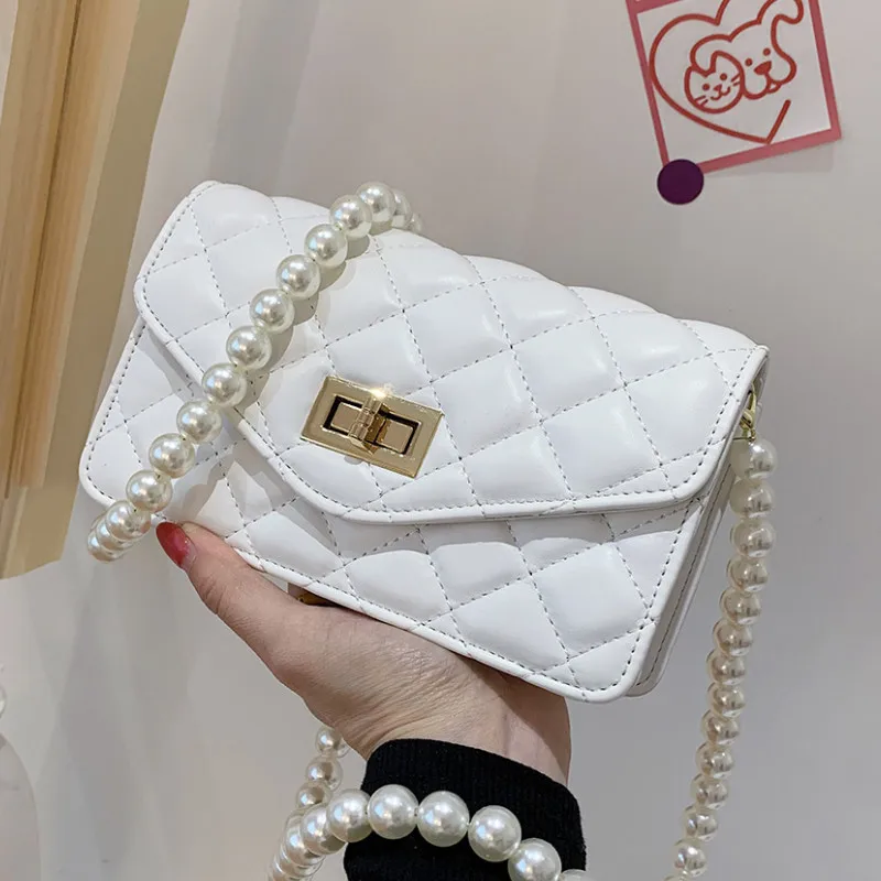 

Pearl Chain Shoulder Bags for Women Quilted Leather Crossbody Bag Rhombus Lattice Messenger Bag Small Flap Design Ladys Handbags