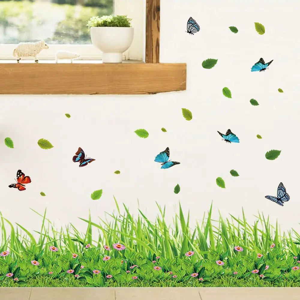 

Butterfly Green Grass Wall Stickers Kitchen Skirting Baseboard Stickers Waterproof DIY Children Room Kitchen Home Decor