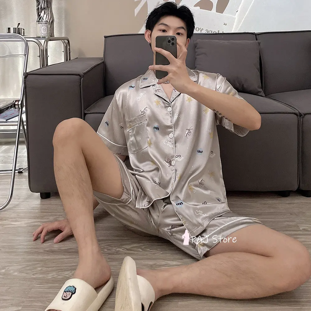 Men Silk Satin Pajamas Set Pajama Set Sleepwear Set Large Size Shorts Loungewear oversized 7XL Pyjamas Home Clothes