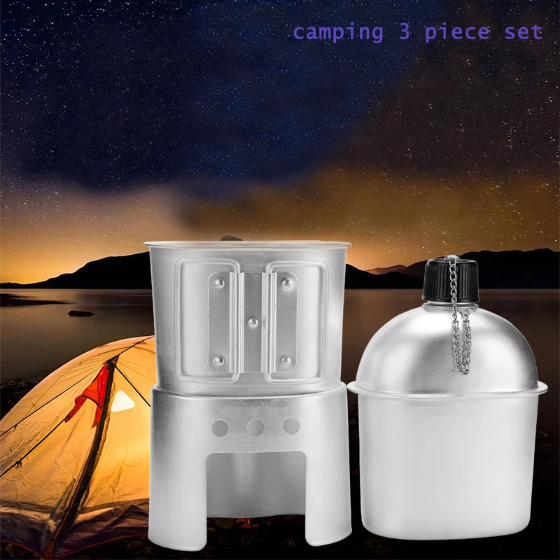 

3pcs 0.9L Army Water Flask Mess Kit Outdoor Portable Canteen Bowl Stove Set Aluminium Cookware With Canvas Bag For 1 Person