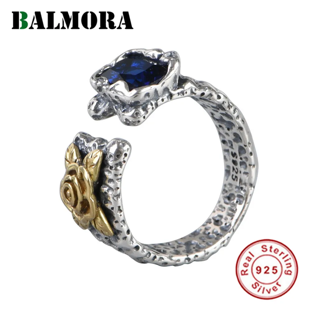 

BALMORA 925 Sterling Silver Gold Rose Rings For Women Men Vintage Synthetic CZ Purple Blue Crystal Opened Stacking Ring Jewelry