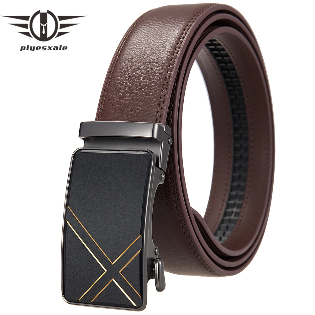 Plyesxale Fashion Mens Genuine Leather Belt Designer High Quality Automatic Buckle Belts For Men Black Coffee Red Brown B1268