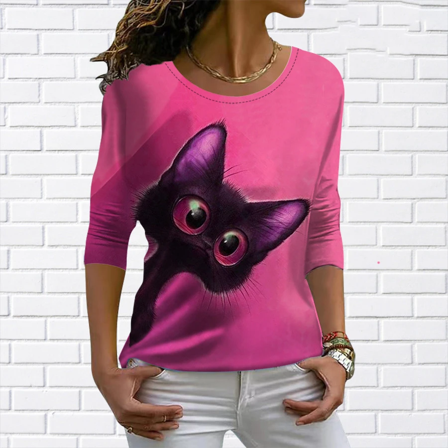 

Women's T-shirts Long Sleeve Tops Cute Cat Graphics 3d Print Autumn Cotton Tees Animal T Shirts O Neck Funny Oversized Clothing