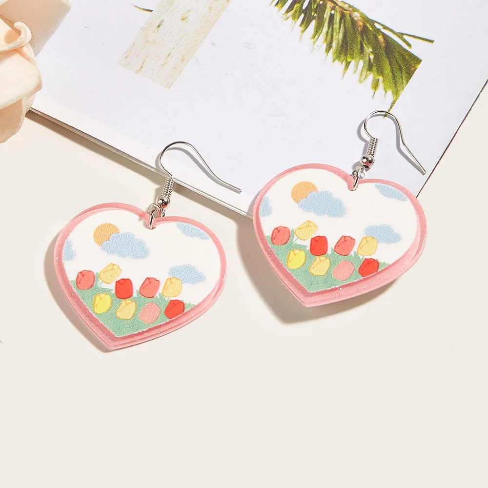 

New Creative Colorful Acrylic Stud Earrings for Women Sweet Little Girl Heart Shape Long Pendant Earrings Gift Jewelry Accessori