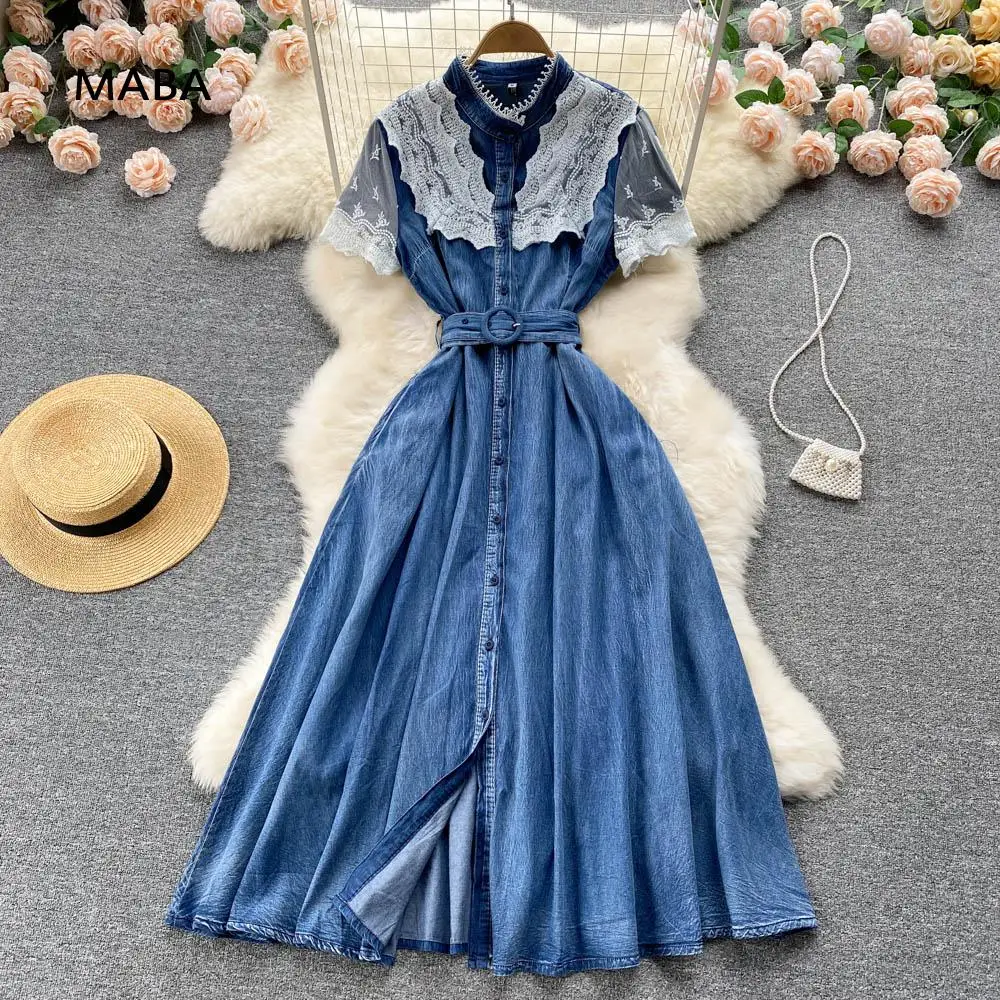 

Runway Denim Fashion Dresses Summer Women Standing Collar Short Sleeve Lace Patchwork Button Big Swing Formal Party Maxi Dress