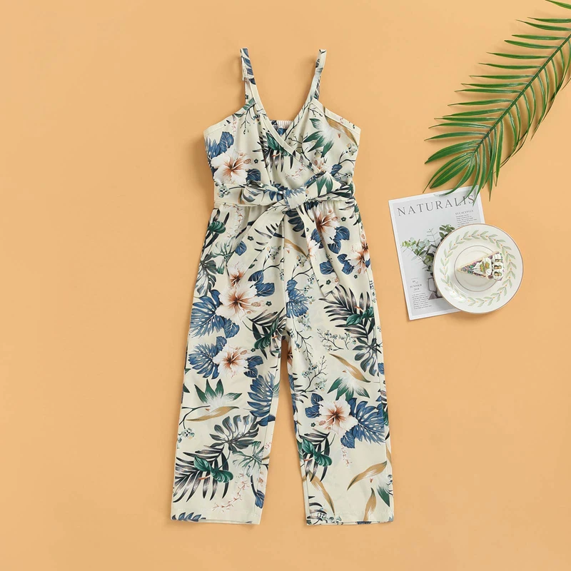 

2-7 Years Baby Girl Romper, Sleeveless v Neck Floral Toddlers Loose Summer Casual Drawstring Trousers Sleeveless Pants Playsuits