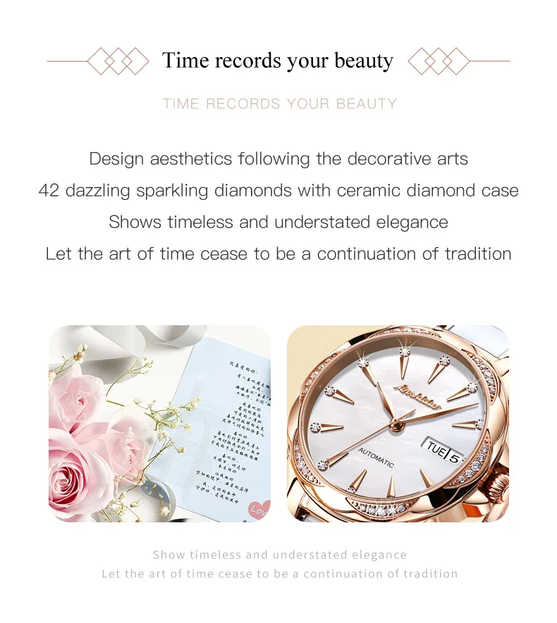 TAXAU Mechanical Watch For Women Luxury Top Brand Stainless Steel Ceramic Strap Rose Gold Diamond Femme Watches reloj mujer