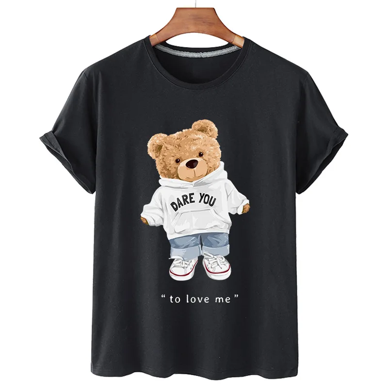 

100% Cotton Cute Bear Print Shirt Short Sleeve O Neck Loose T Shirt Women's Summer 2021 Plus Size T Shirt Unisex Top S-4XL