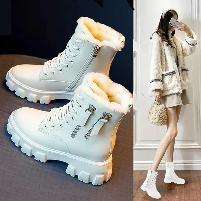 

Rimocy Pu Leather Platform Ankle Boots Women Lace-Up Zipper Thicked Plush Snow Boots Woman Winter Non-Slip Warm Cotton Shoes
