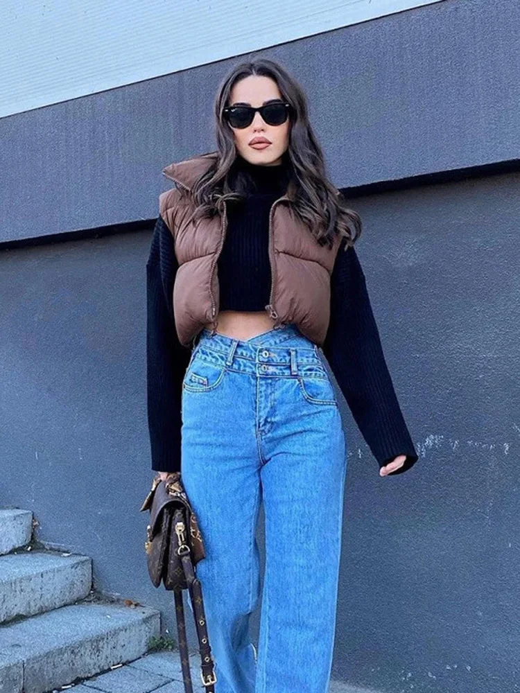 Hirigin женский зимний укороченный жилет на молнии с воротником-стойкой без рукавов