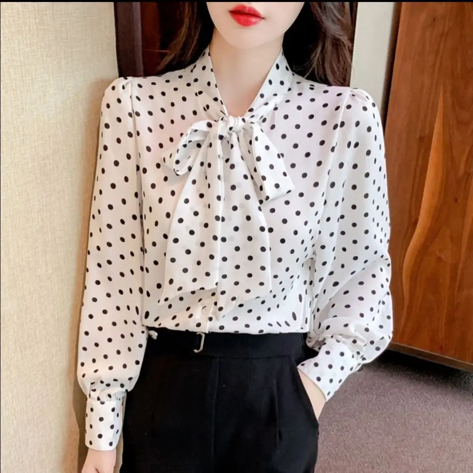 Polka Dot Tops Bow Tie Pullover Women Oversized Shirts Elegant Female Chic Chiffon Blouses 2022 Korean Fashion Ladies Clothing
