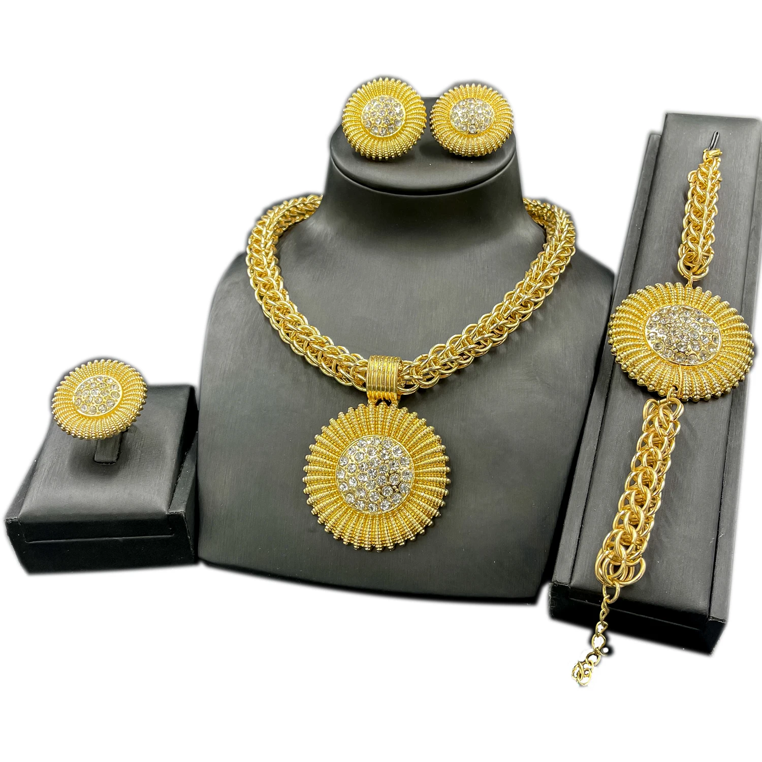 

Dubai Exaggerated Jewelry Pendant Big Necklace Crystal Round Bracelet Charm Bridal Wedding Ring Gift Fashion Jewelry Sets