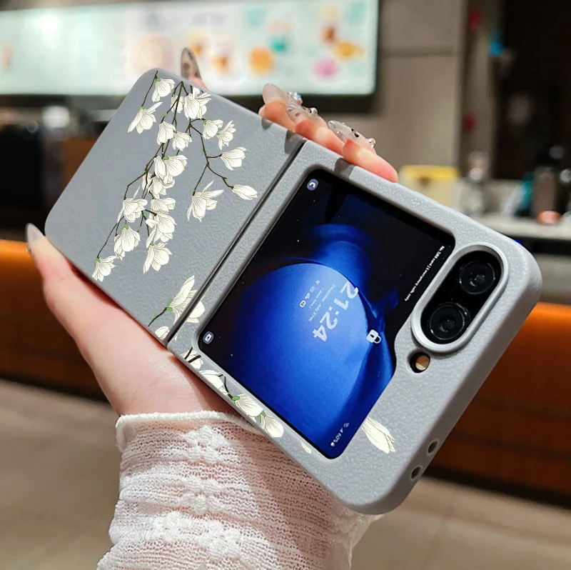 Чехол с белым цветком для Samsung Galaxy Z Flip6 Flip5 Flip4 Capa силиконовый складной чехол
