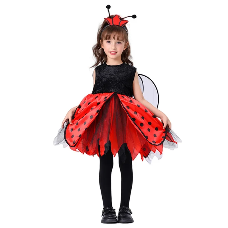Фото 2025 New Fashion Animal Costume for Girls Sleeveless Round Neck Dress + Wing + Headband Bee Ladybug Outfit 4T-10T №1