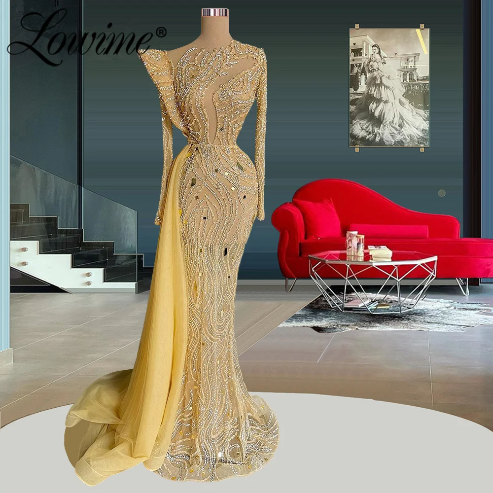 

Lowime Sparkly Crystals See Through Evening Dresses Robe Femme Soiree Mermaid Full Sleeves Beaded Prom Dress Long Party Gowns