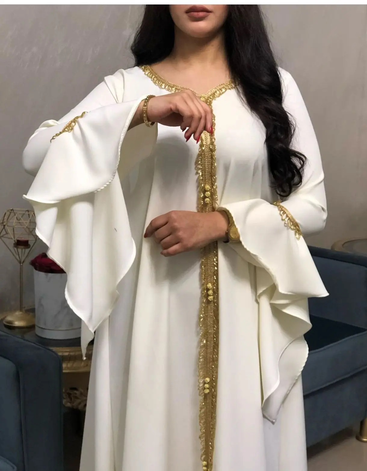 Elegant style style long dress 2023 new ruffle sleeve embroidered gold lace dress jalabiya Muslim woman