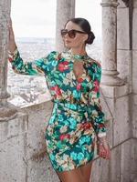 za green floral print ruched sexy dress women long sleeve hollow out back bodycon mini satin dresses fashion spring robe 2022